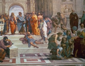 アテネの学校、階段のディオゲネスとユークリッドを示す右側の詳細、1510-11フレスコ画の472の詳細